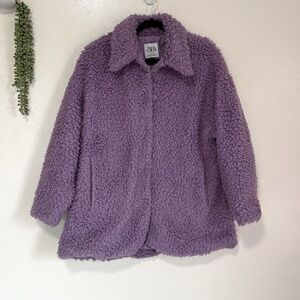 Zara Teddy Faux Shearling Snap-front Jacket, Purple, Medium